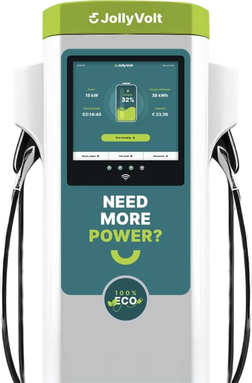 JollyVolt EV charger with a customised Need More Power display